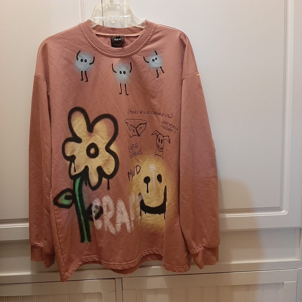 Happy Face Long Sleeve Sweatshirt Pink Crew Large